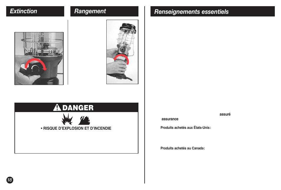 Danger, Rangement, Renseignements essentiels extinction | Coleman NorthStar 2500B User Manual | Page 18 / 32