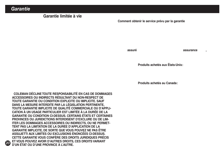 Garantie, Garantie limitée à vie | Coleman NorthStar 2500B User Manual | Page 20 / 32