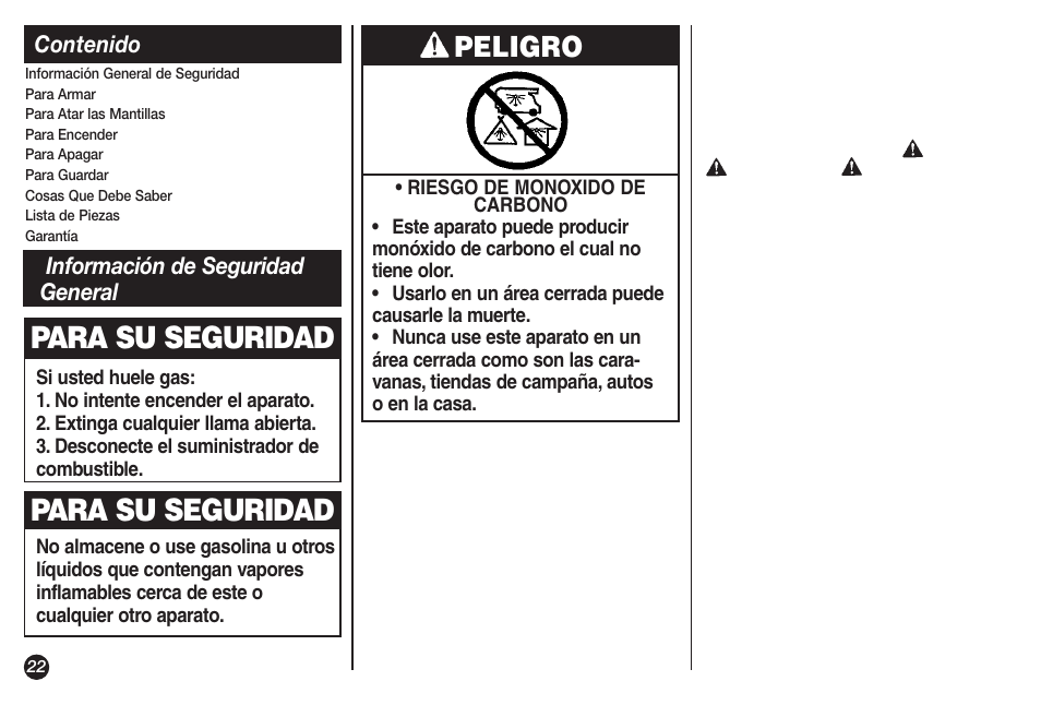 Para su seguridad, Peligro | Coleman NorthStar 2500B User Manual | Page 22 / 32