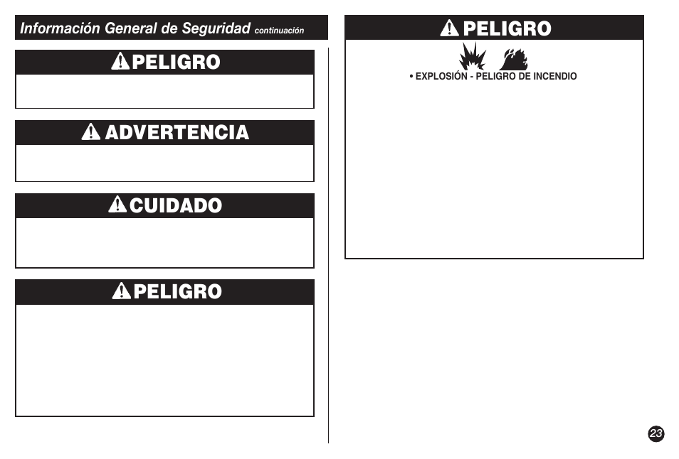 Peligro, Advertencia, Cuidado | Información general de seguridad | Coleman NorthStar 2500B User Manual | Page 23 / 32