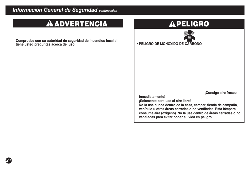 Advertencia, Peligro, Información general de seguridad | Coleman NorthStar 2500B User Manual | Page 24 / 32