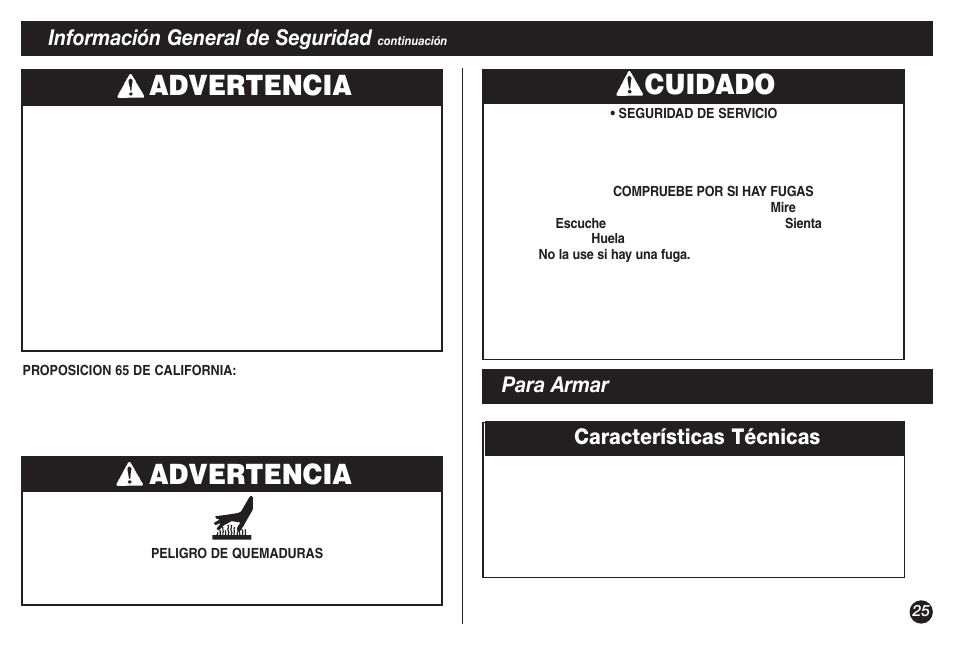 Advertencia, Cuidado advertencia, Información general de seguridad | Para armar características técnicas | Coleman NorthStar 2500B User Manual | Page 25 / 32
