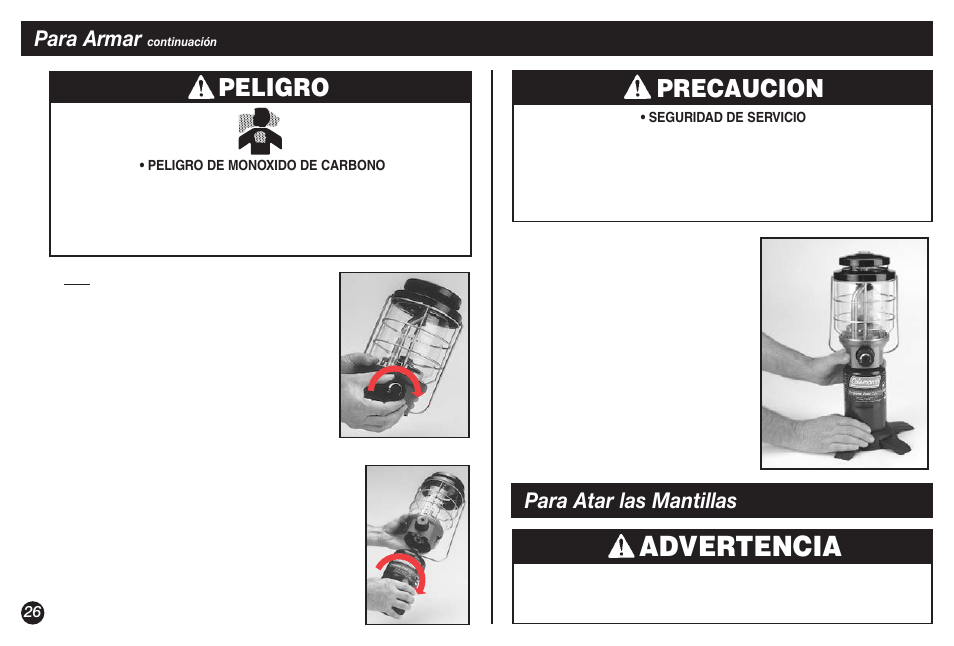Advertencia, Precaucion, Peligro | Para armar, Para atar las mantillas | Coleman NorthStar 2500B User Manual | Page 26 / 32