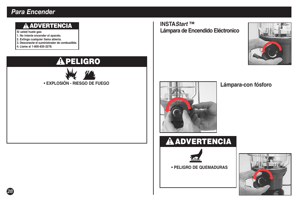 Peligro, Advertencia, Para encender | Start | Coleman NorthStar 2500B User Manual | Page 28 / 32