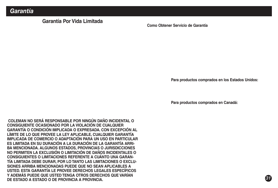 Garantía, Garantía por vida limitada | Coleman NorthStar 2500B User Manual | Page 31 / 32