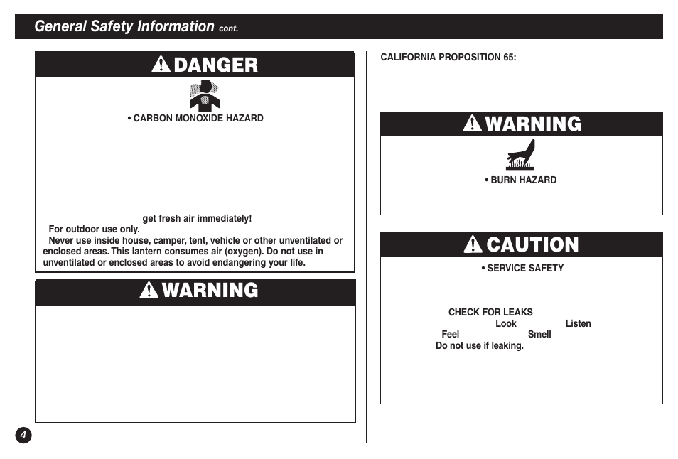 Warning, Caution warning, Danger | General safety information | Coleman NorthStar 2500B User Manual | Page 4 / 32