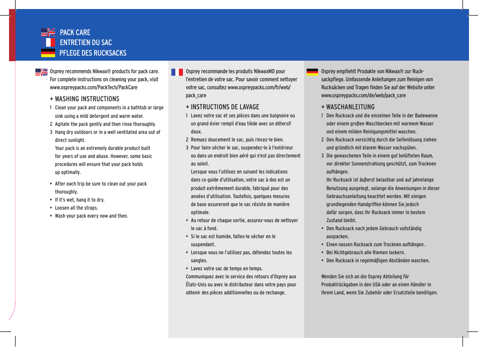 Pflege des rucksacks pack care entretien du sac | Osprey POCO User Manual | Page 23 / 24