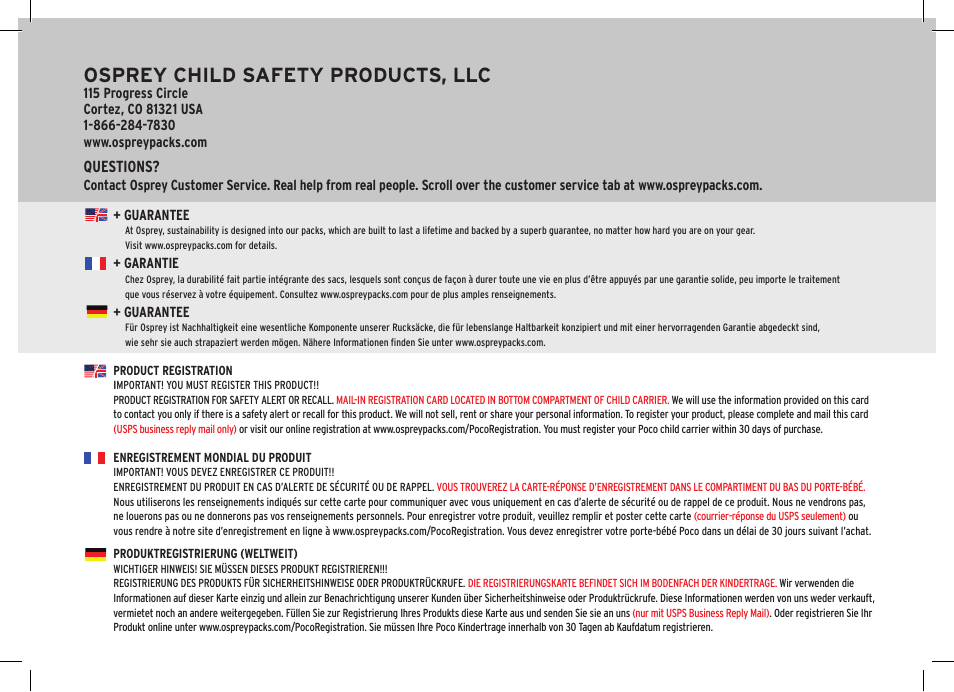 Osprey child safety products, llc, Questions | Osprey POCO User Manual | Page 24 / 24