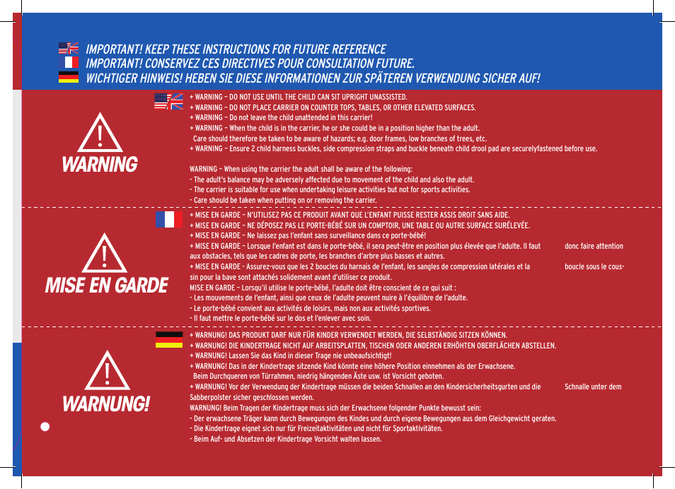 Warning mise en garde warnung | Osprey POCO User Manual | Page 3 / 24