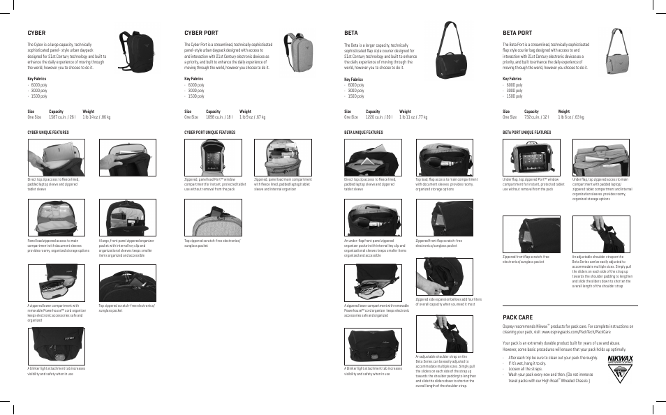 Cyber, Beta, Cyber port | Beta port, Pack care | Osprey BETA port User Manual | Page 2 / 2