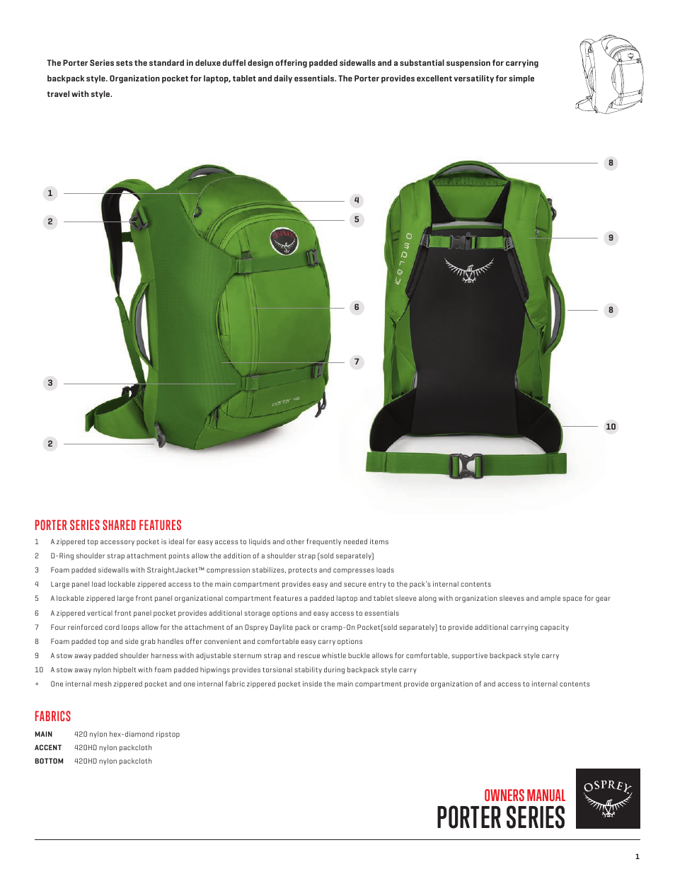 Porter series, Owners manual, Porter series shared features | Fabrics | Osprey PORTER 30 User Manual | Page 2 / 5