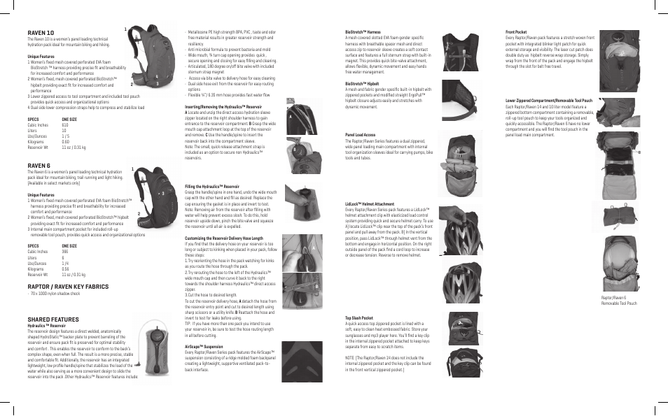 Raven 10, Raven 6, Raptor / raven key fabrics | Shared features | Osprey RAVEN 6 User Manual | Page 2 / 2