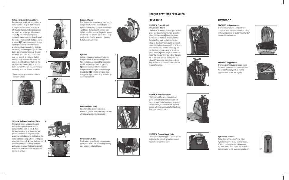 Reverb 10, Reverb 18, Unique features explained | Osprey REVERB 10 User Manual | Page 2 / 2