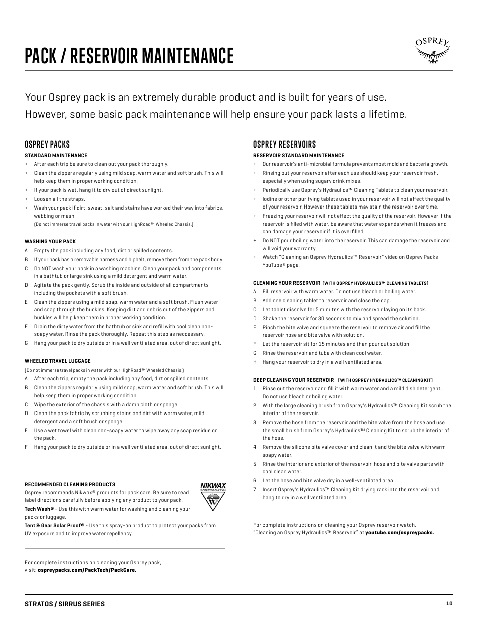 Pack / reservoir maintenance, Osprey packs, Osprey reservoirs | Osprey SIRRUS 24 User Manual | Page 10 / 11