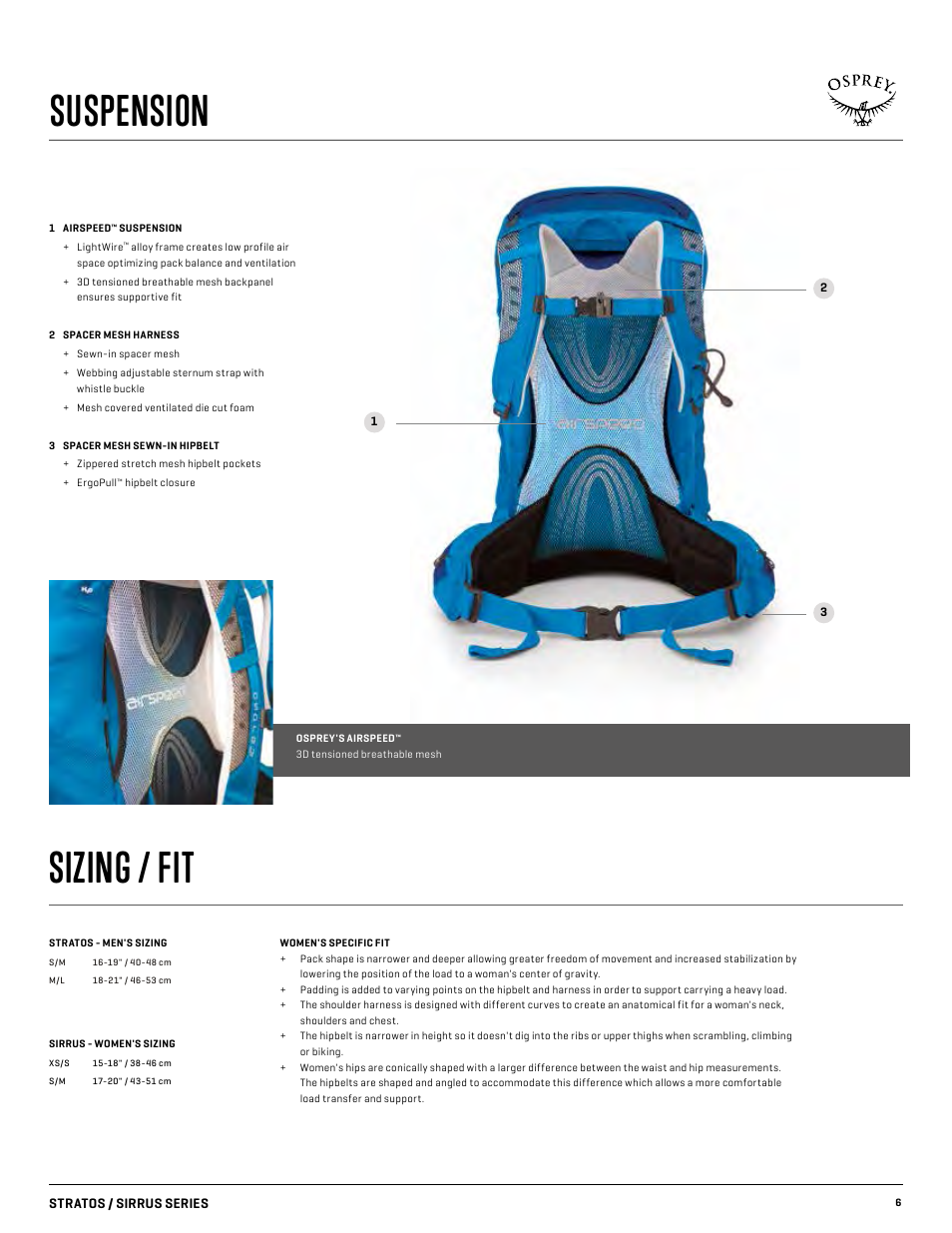 Suspension, Sizing / fit | Osprey SIRRUS 24 User Manual | Page 6 / 11