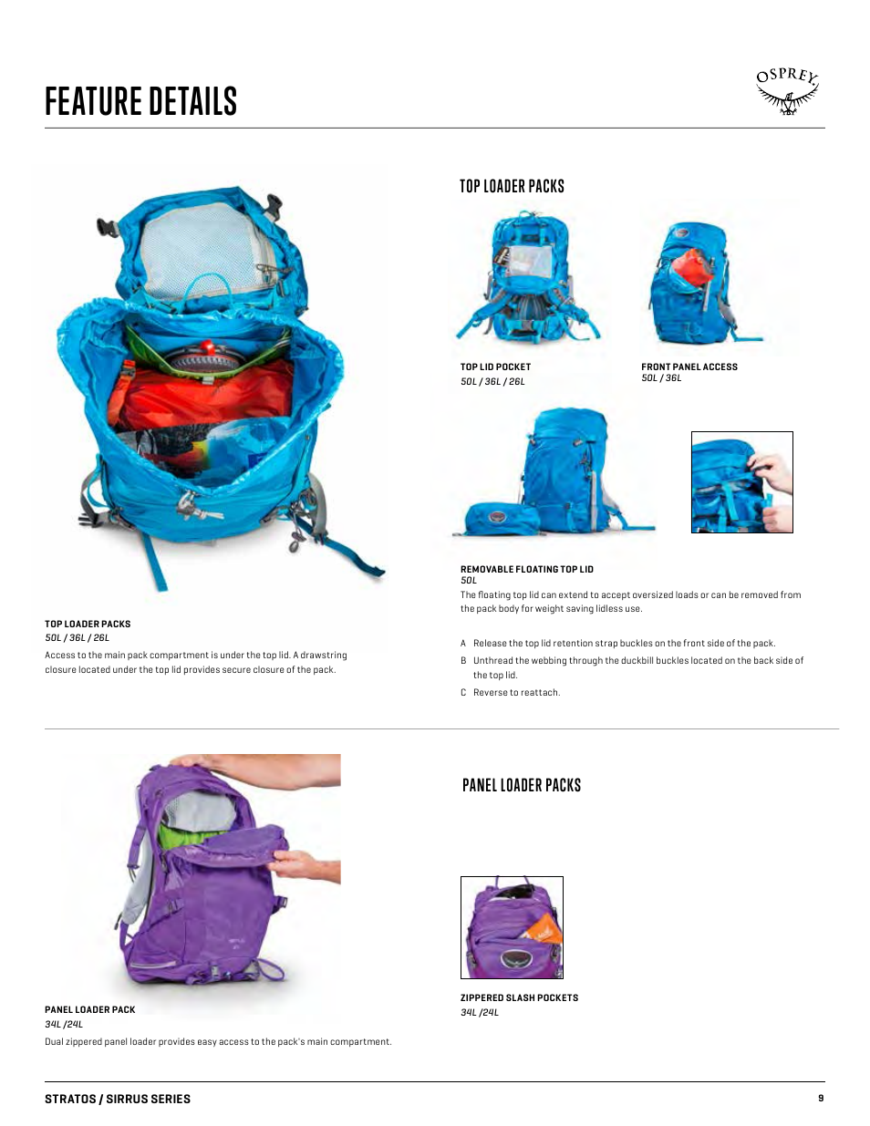 Feature details, Top loader packs, Panel loader packs | Osprey SIRRUS 24 User Manual | Page 9 / 11
