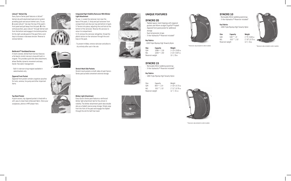 Unique features syncro 20, Syncro 15, Syncro 10 | Osprey HYDRAULICS RESERVOIR User Manual | Page 2 / 2