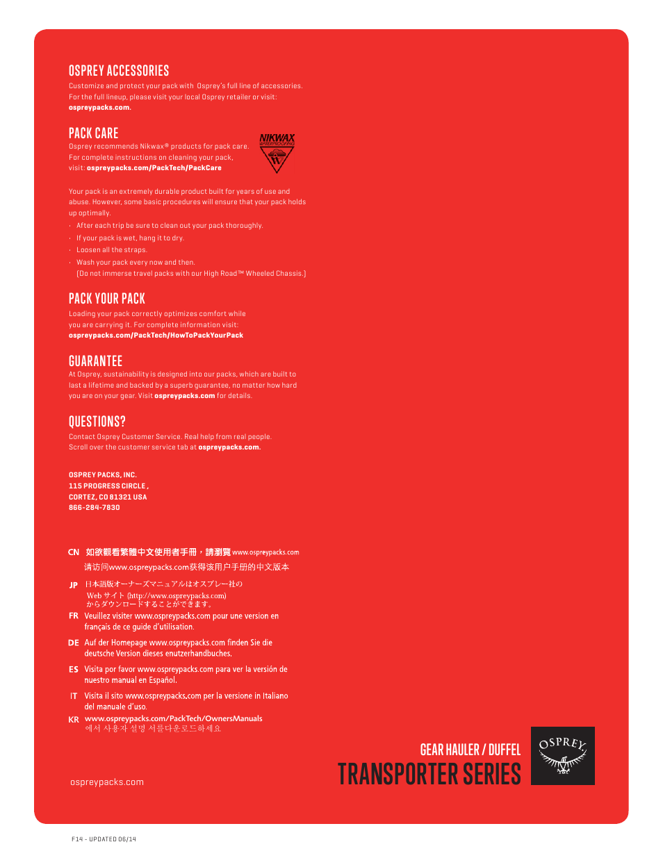 Transporter series, Gear hauler / duffel, Osprey accessories | Pack care, Pack your pack, Guarantee, Questions | Osprey TRANSPORTER 40 User Manual | Page 4 / 4