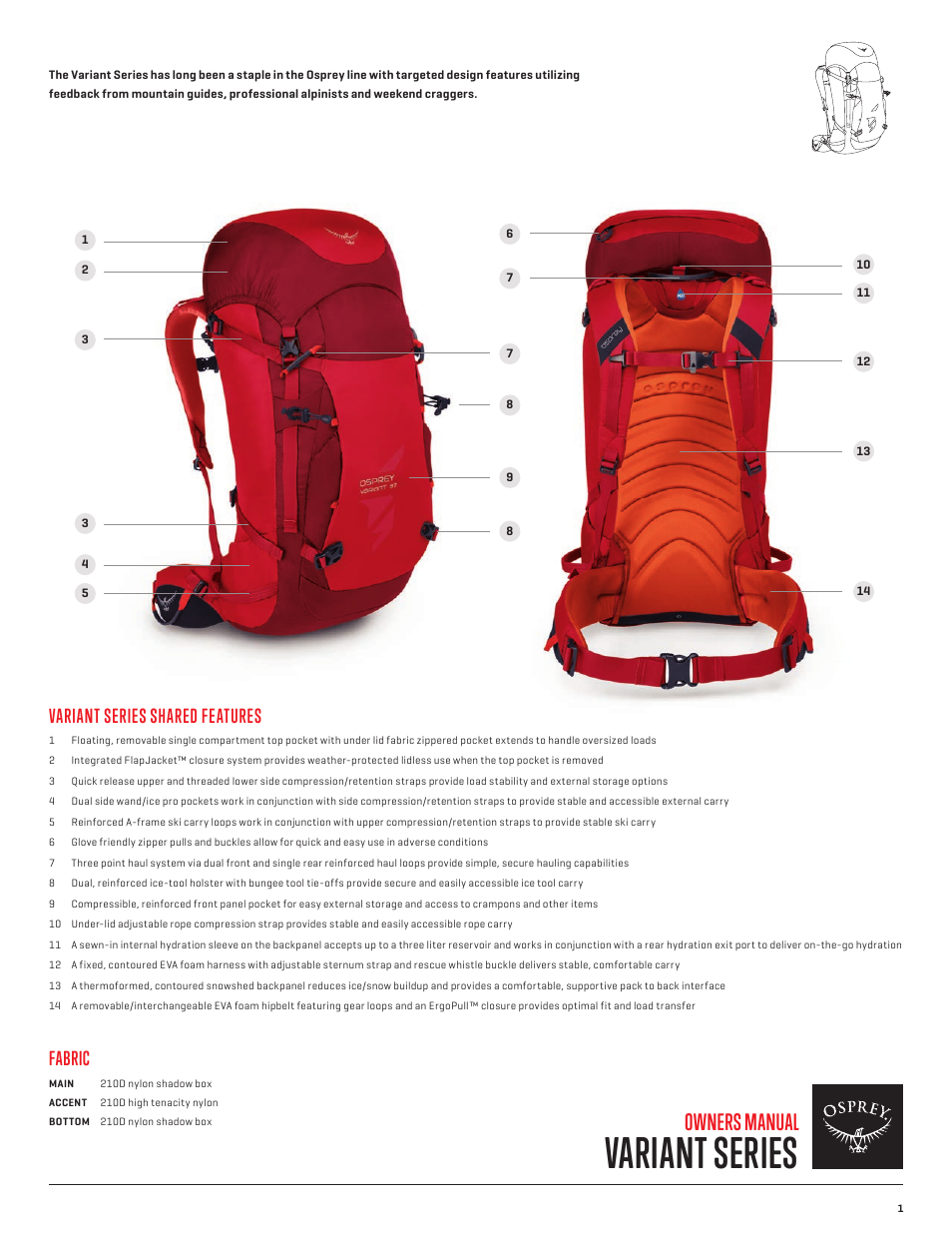 Variant series, Owners manual, Variant series shared features | Fabric | Osprey VARIANT 37 User Manual | Page 2 / 6