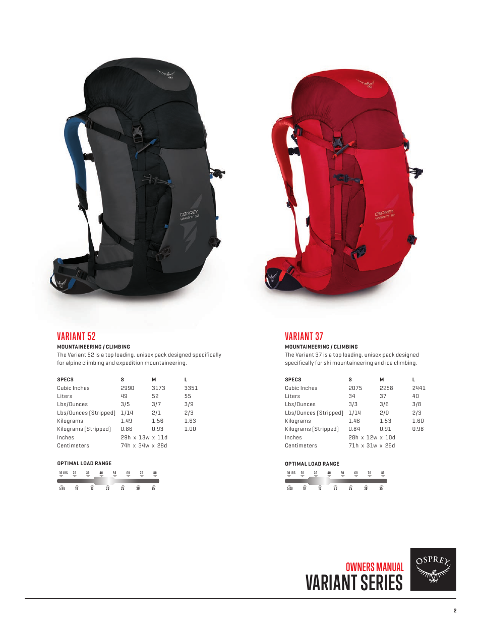 Variant series, Owners manual, Variant 52 | Variant 37 | Osprey VARIANT 37 User Manual | Page 3 / 6