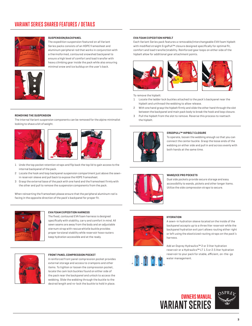 Variant series, Owners manual, Variant series shared features / details | Osprey VARIANT 37 User Manual | Page 4 / 6