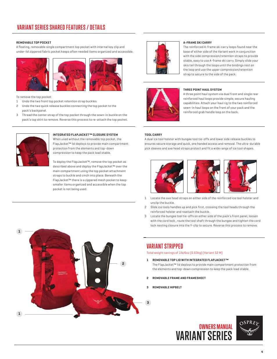 Variant series, Owners manual, Variant stripped | Variant series shared features / details | Osprey VARIANT 37 User Manual | Page 5 / 6