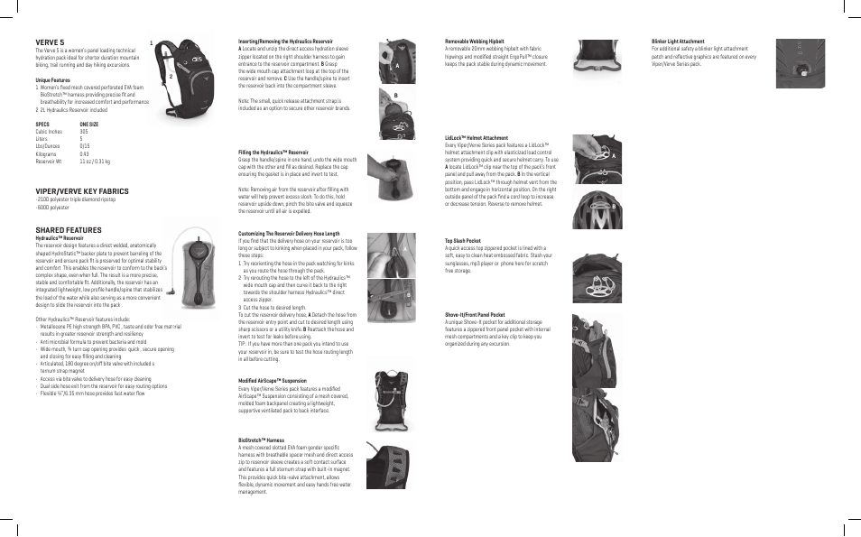Verve 5, Viper/verve key fabrics, Shared features | Osprey VERVE 5 User Manual | Page 2 / 2