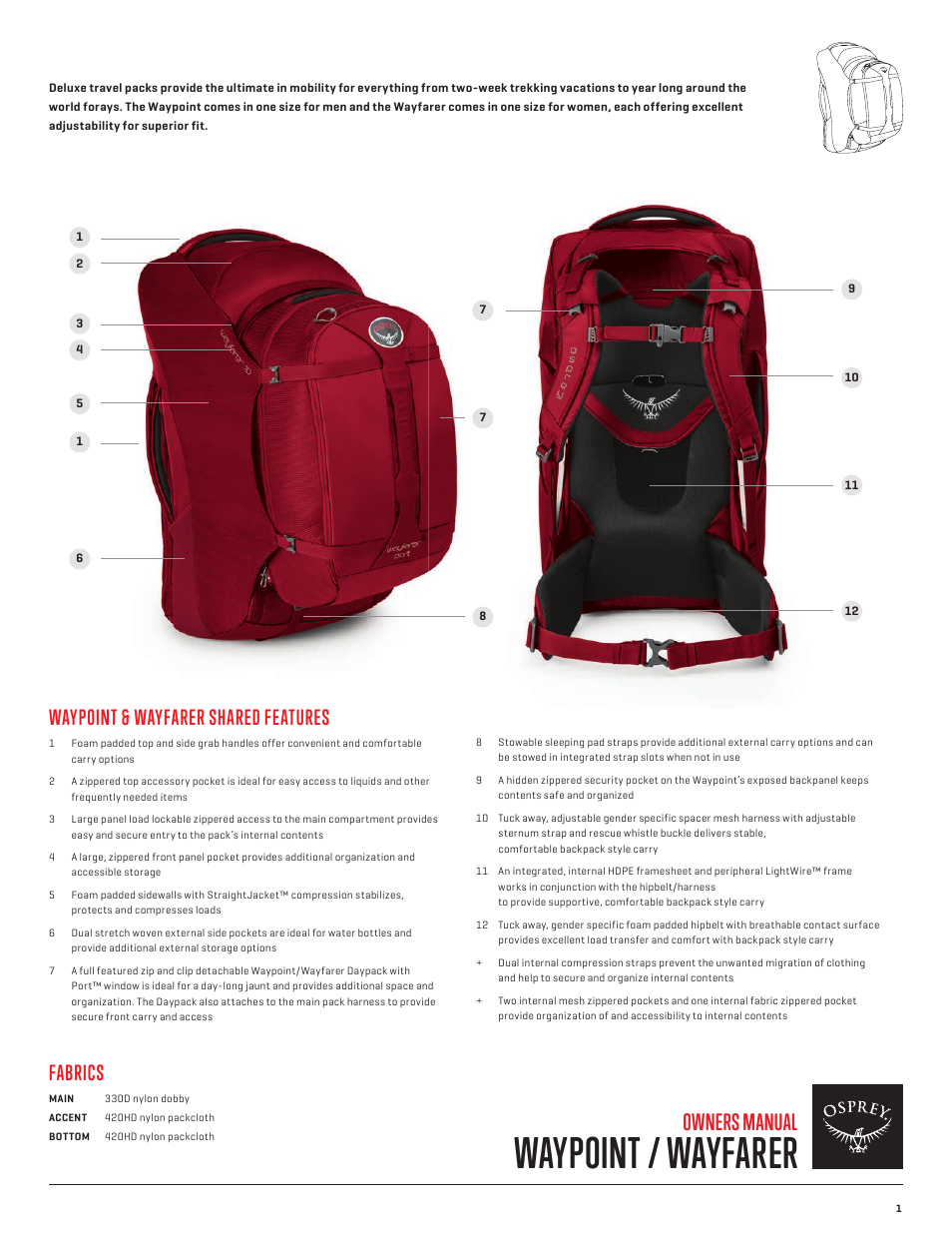 Waypoint / wayfarer, Owners manual, Waypoint & wayfarer shared features | Fabrics | Osprey WAYFARER 70 User Manual | Page 2 / 6