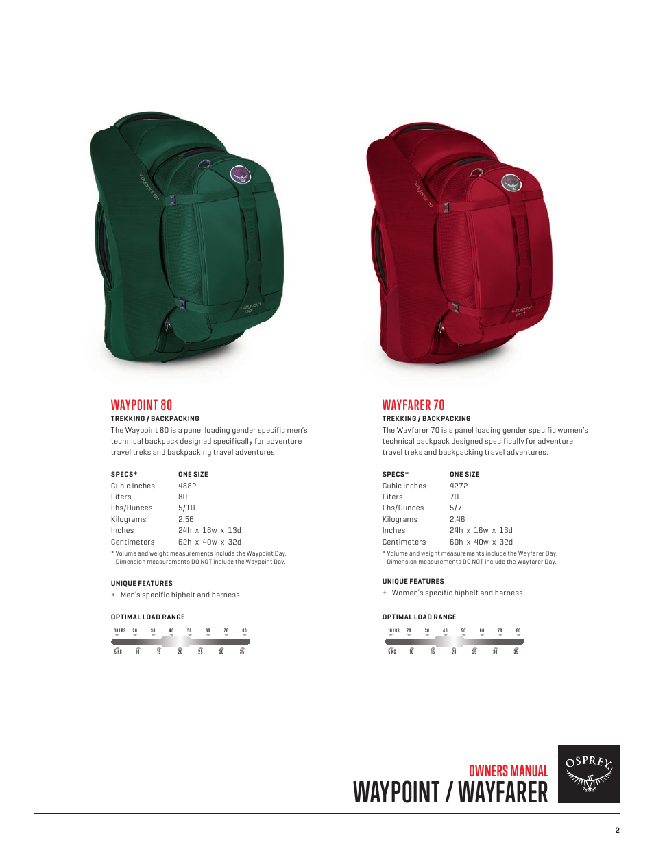 Waypoint / wayfarer, Owners manual, Waypoint 80 | Wayfarer 70 | Osprey WAYFARER 70 User Manual | Page 3 / 6