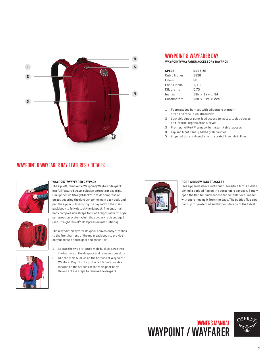 Waypoint / wayfarer, Owners manual, Waypoint & wayfarer day | Waypoint & wayfarer day features / details | Osprey WAYFARER 70 User Manual | Page 5 / 6