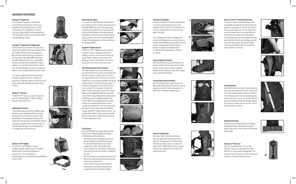 Shared features | Osprey Xena 70 User Manual | Page 2 / 2