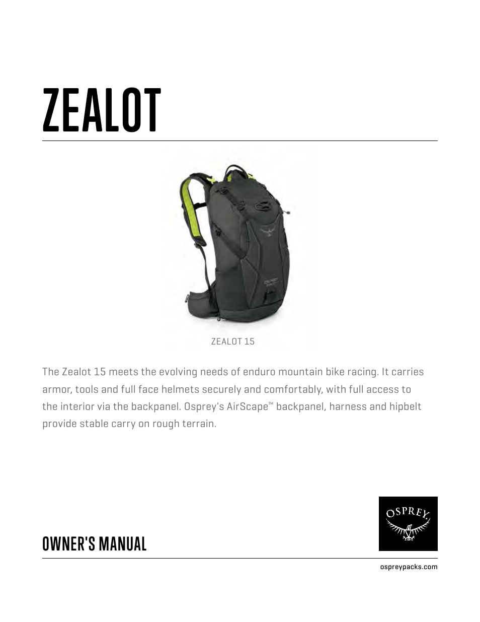 Osprey ZEALOT 15 User Manual | 7 pages