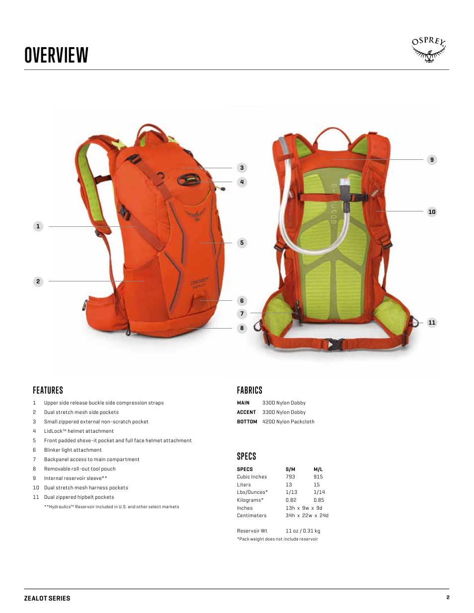 Overview, Specs, Features | Fabrics | Osprey ZEALOT 15 User Manual | Page 2 / 7