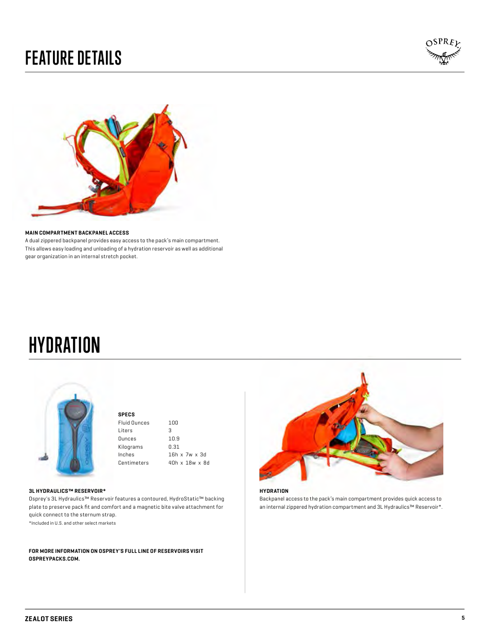 Hydration, Feature details | Osprey ZEALOT 15 User Manual | Page 5 / 7