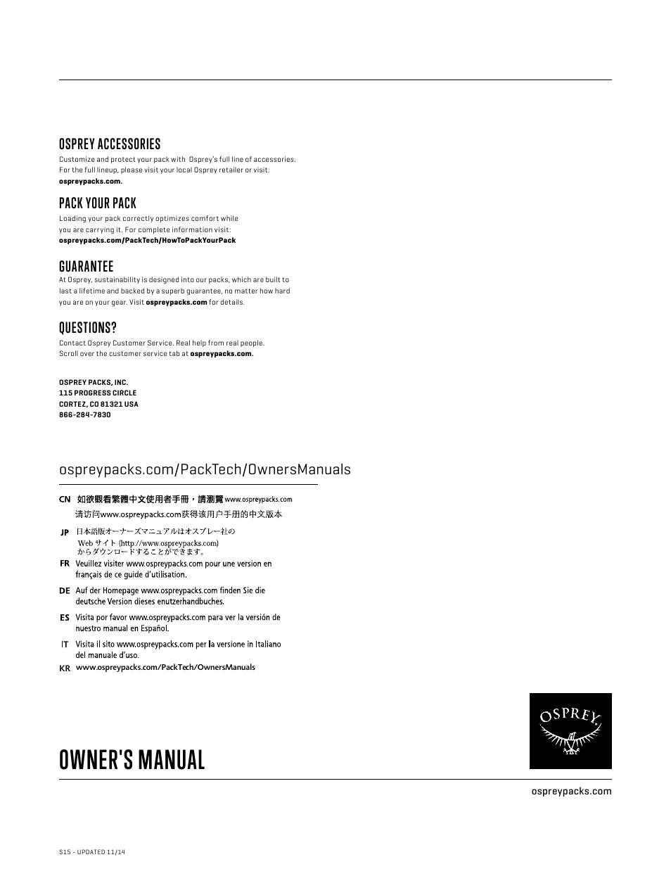 Owner's manual, Osprey accessories, Pack your pack | Guarantee, Questions | Osprey ZEALOT 15 User Manual | Page 7 / 7