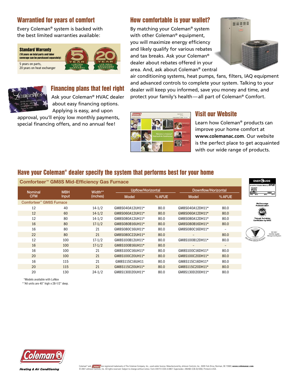 Warrantied for years of comfort, Financing plans that feel right, How comfortable is your wallet | Visit our website, Have your coleman | Coleman COMFORTEERTM GM8S User Manual | Page 4 / 4