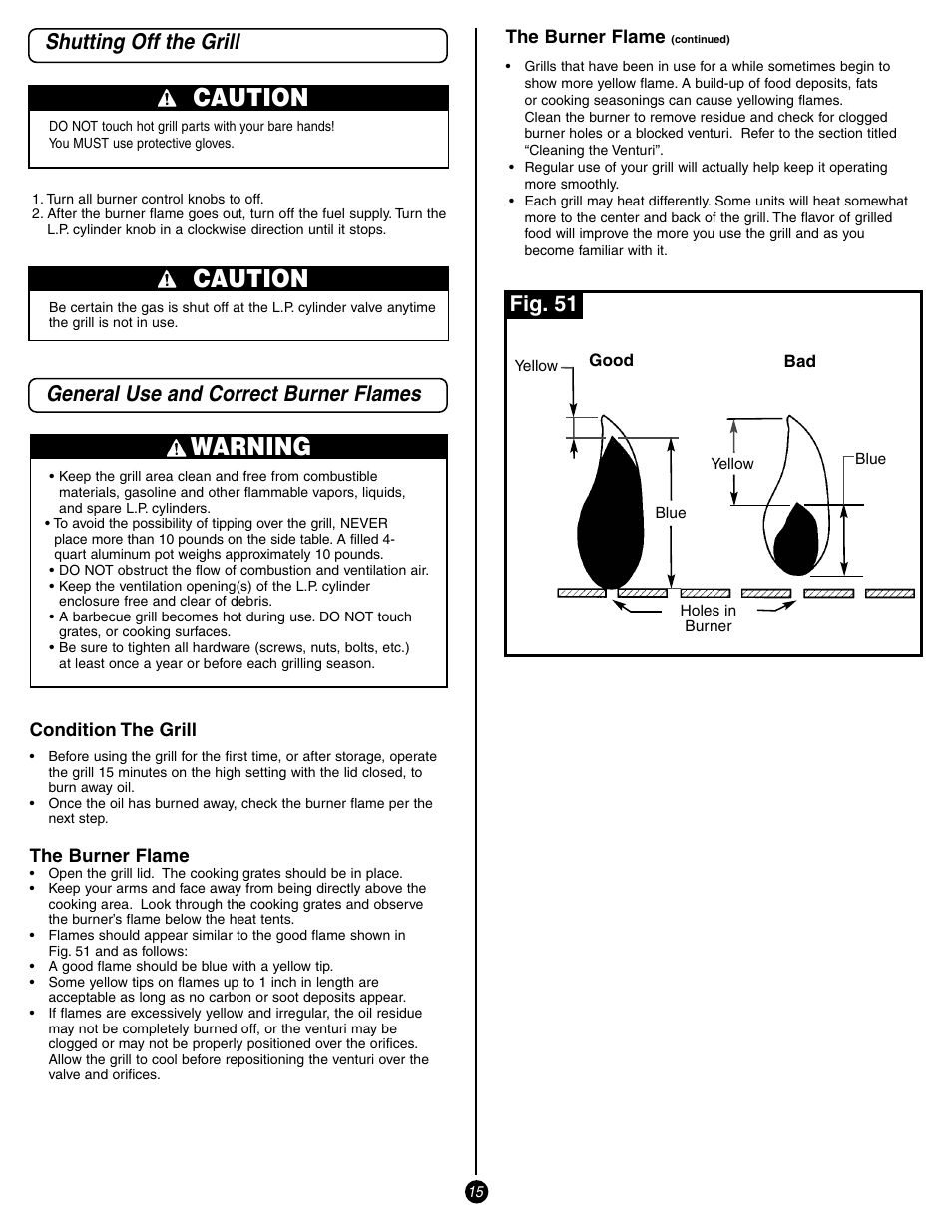 Caution, Warning, Shutting off the grill | General use and correct burner flames, Fig. 51 | Coleman 9998 Series User Manual | Page 15 / 24