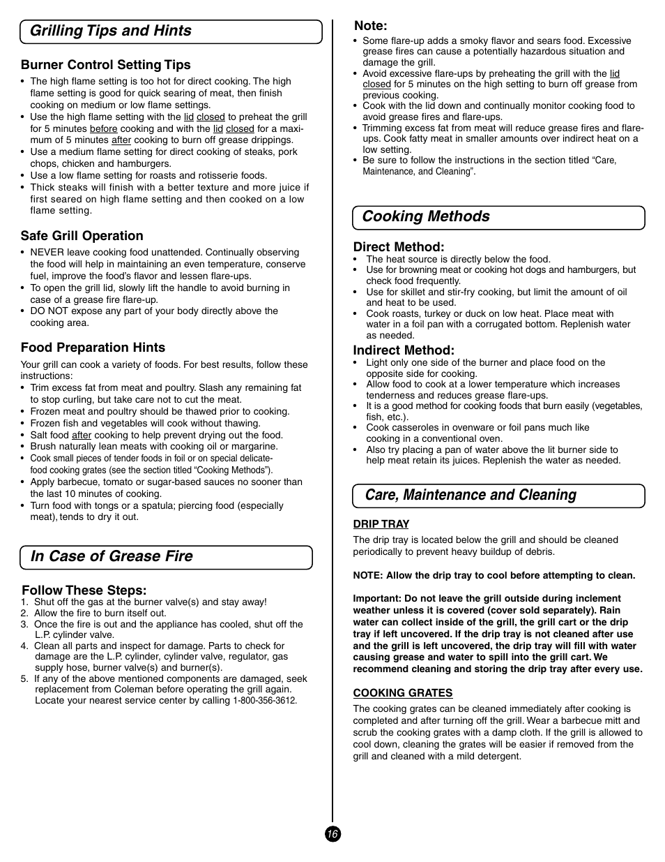 Grilling tips and hints, Cooking methods in case of grease fire, Care, maintenance and cleaning | Coleman 9998 Series User Manual | Page 16 / 24