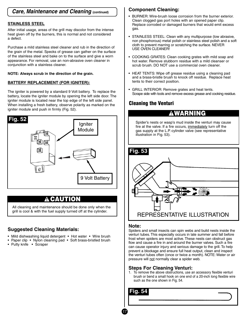 Caution, Warning, Care, maintenance and cleaning | Representative illustration, Fig. 53 fig. 54, Fig. 52, Cleaning the venturi | Coleman 9998 Series User Manual | Page 17 / 24