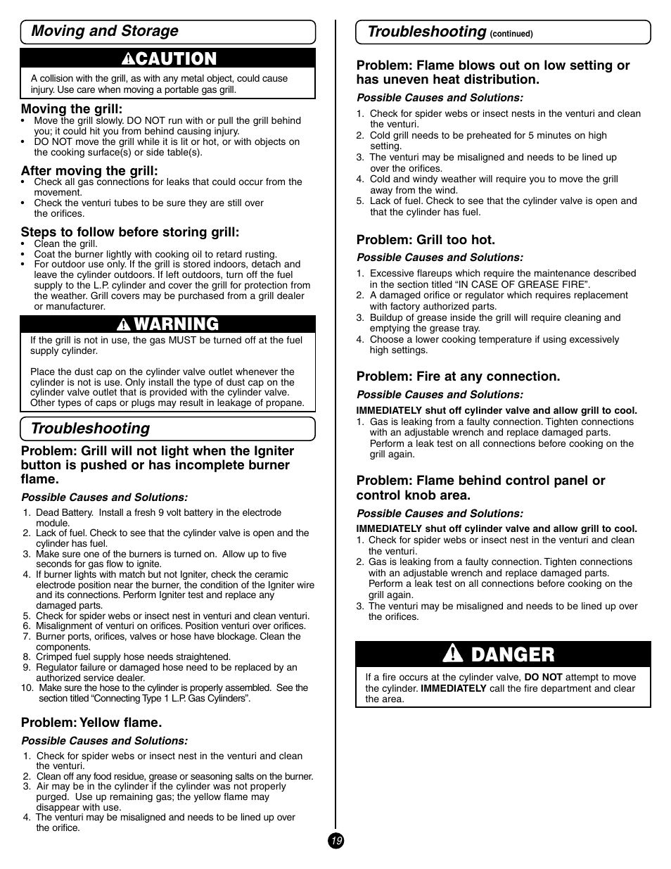 Danger, Caution, Warning | Moving and storage troubleshooting, Troubleshooting | Coleman 9998 Series User Manual | Page 19 / 24