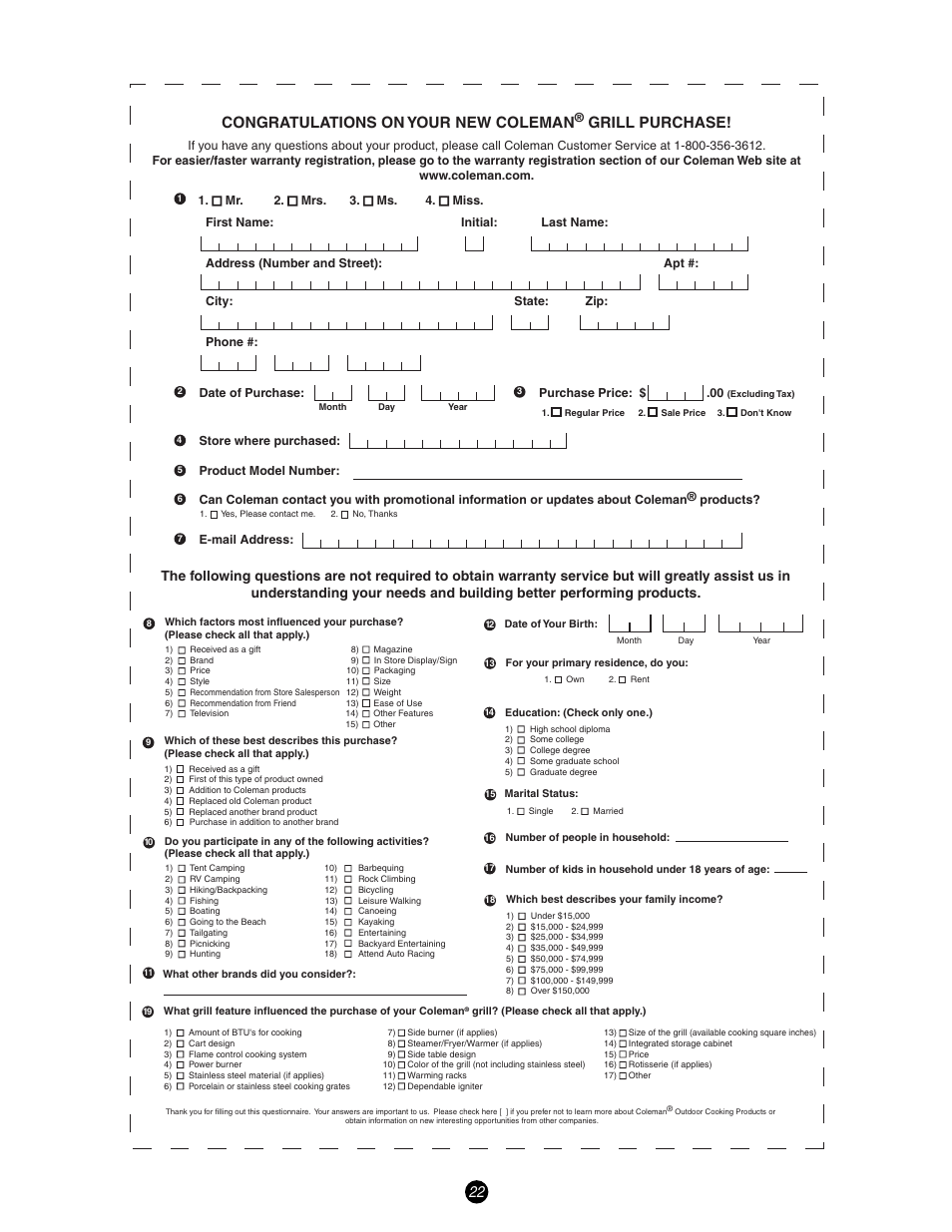 Grill purchase | Coleman 9998 Series User Manual | Page 22 / 24