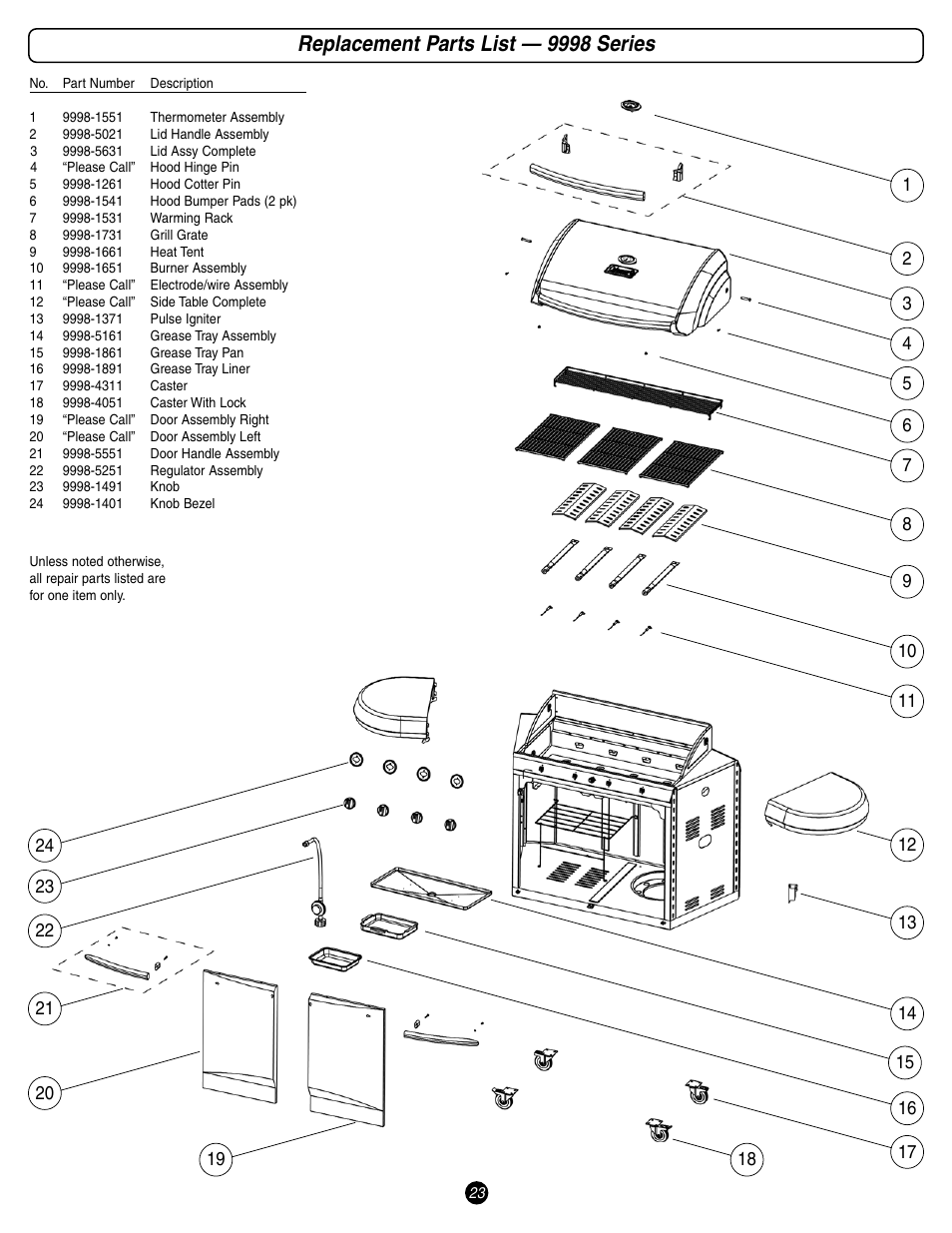 Replacement parts list — 9998 series | Coleman 9998 Series User Manual | Page 23 / 24