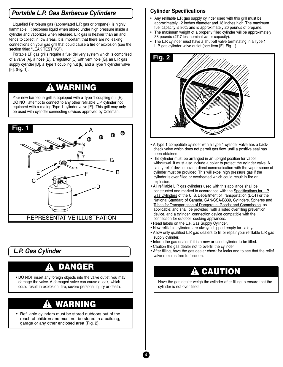 Danger, Warning, Caution | L.p. gas cylinder, Portable l.p. gas barbecue cylinders, Fig. 2, Fig. 1 | Coleman 9998 Series User Manual | Page 4 / 24