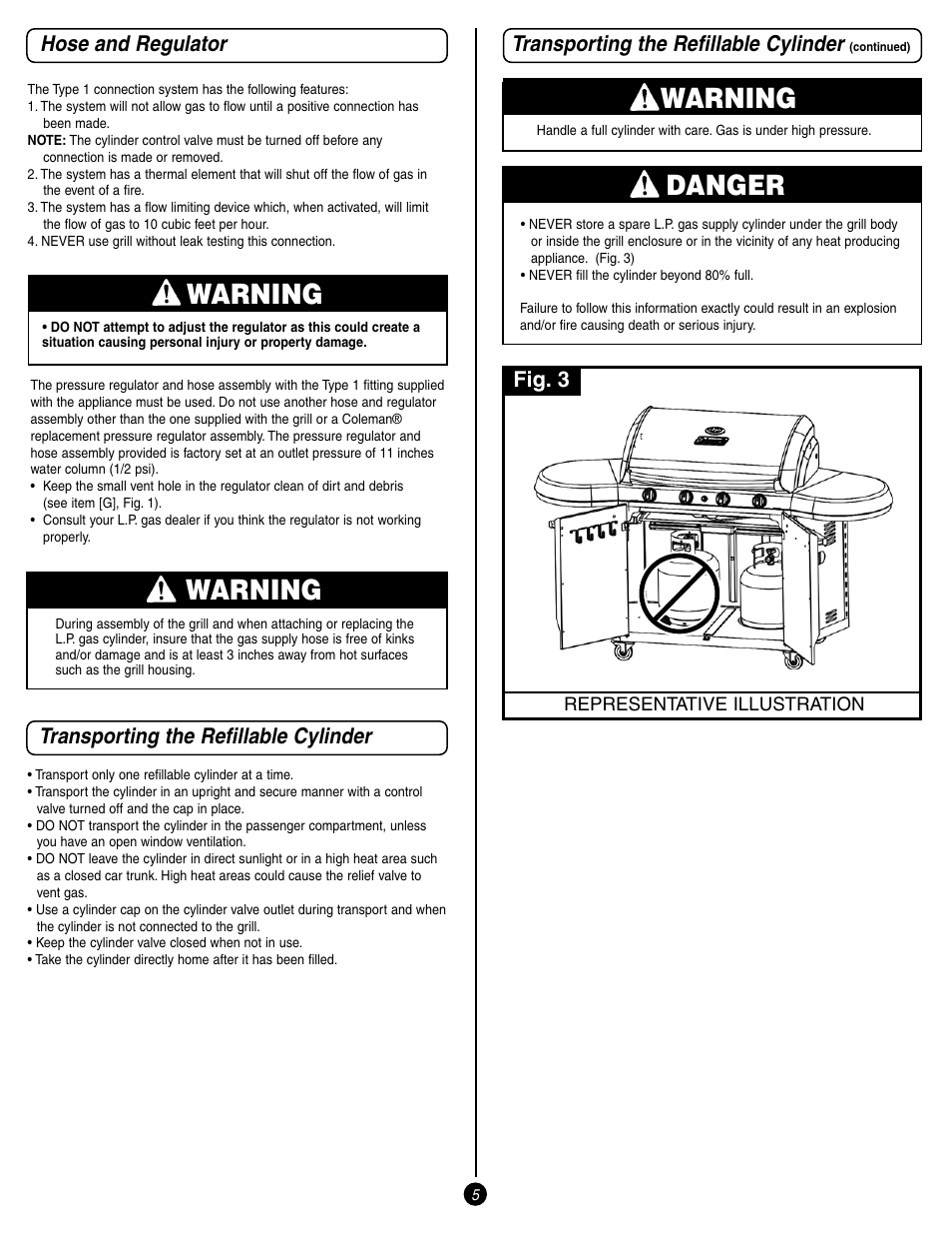 Warning, Danger, Transporting the refillable cylinder | Fig. 3 | Coleman 9998 Series User Manual | Page 5 / 24