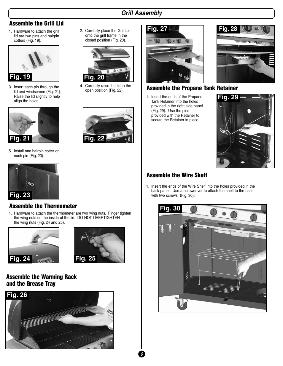 Grill assembly, Fig. 19, Fig. 21 fig. 20 | Fig. 22, Fig. 23, Fig. 24, Fig. 25 fig. 26, Fig. 27 fig. 28, Fig. 29, Fig. 30 | Coleman 9998 Series User Manual | Page 9 / 24