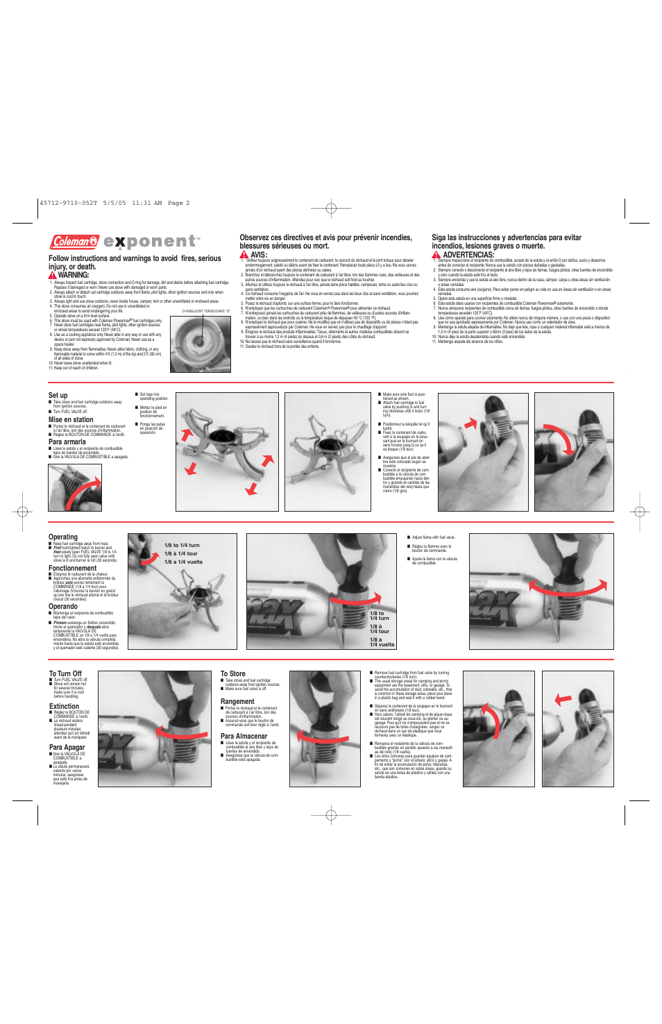 Rangement, Para almacenar, Operating | Fonctionnement, Operando, Set up, Mise en station, Para armarla, Extinction, Para apagar | Coleman 9710 User Manual | Page 2 / 2