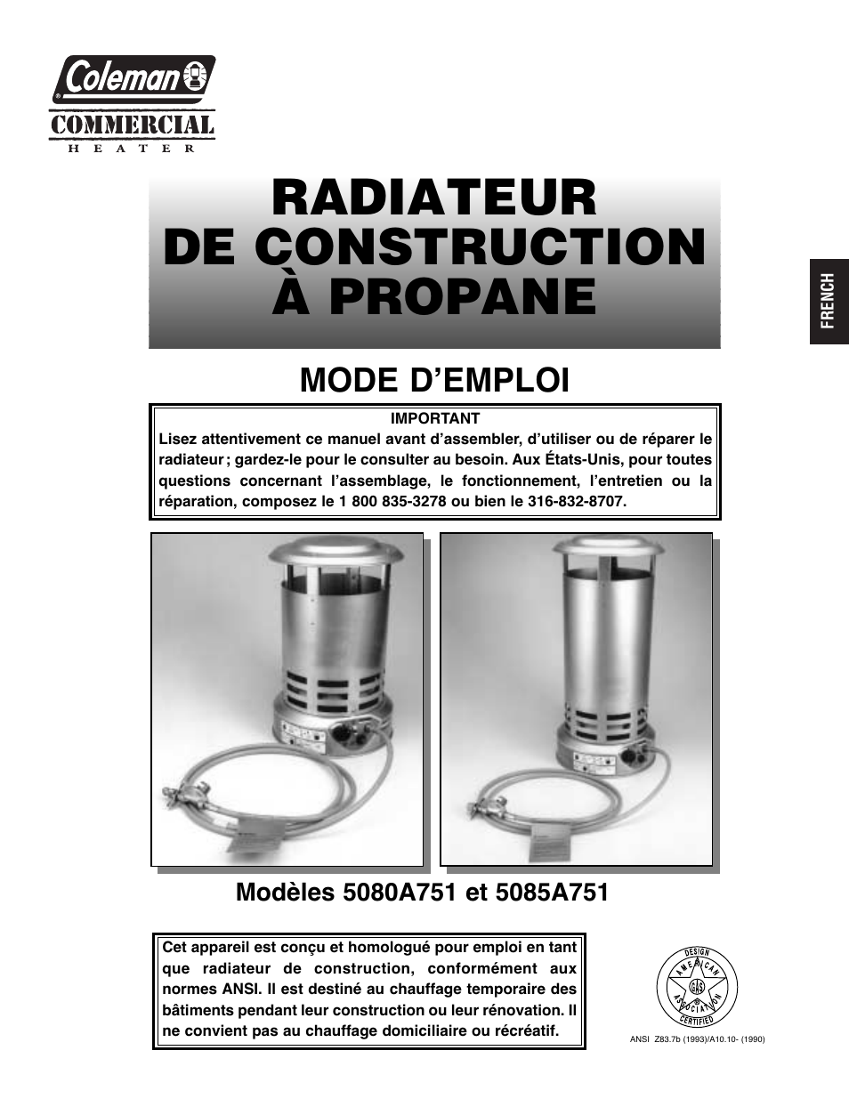 Radiateur de construction à propane, Mode d’emploi | Coleman 5080A751 User Manual | Page 11 / 32