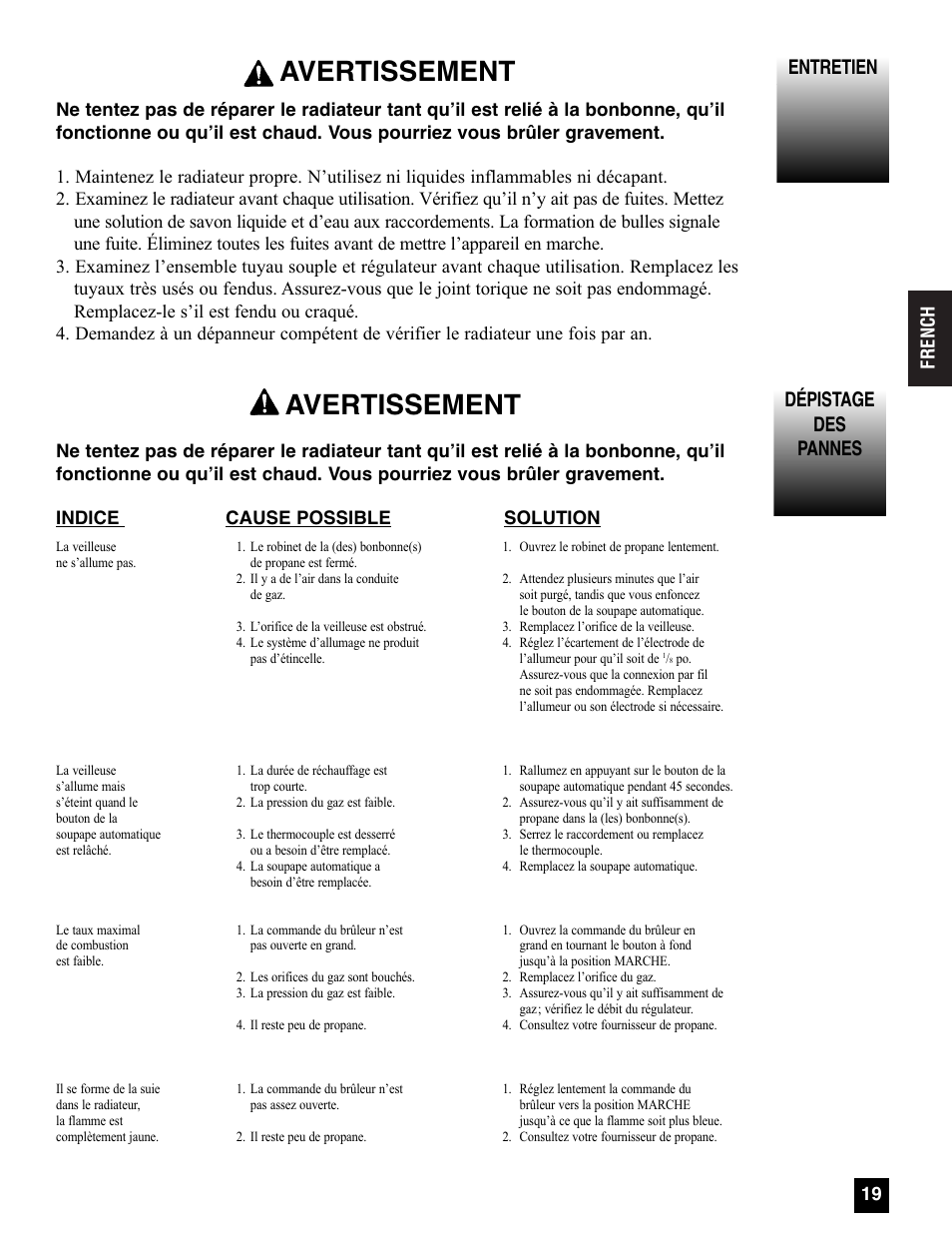 Avertissement, Dépistage des pannes, Entretien | Coleman 5080A751 User Manual | Page 19 / 32