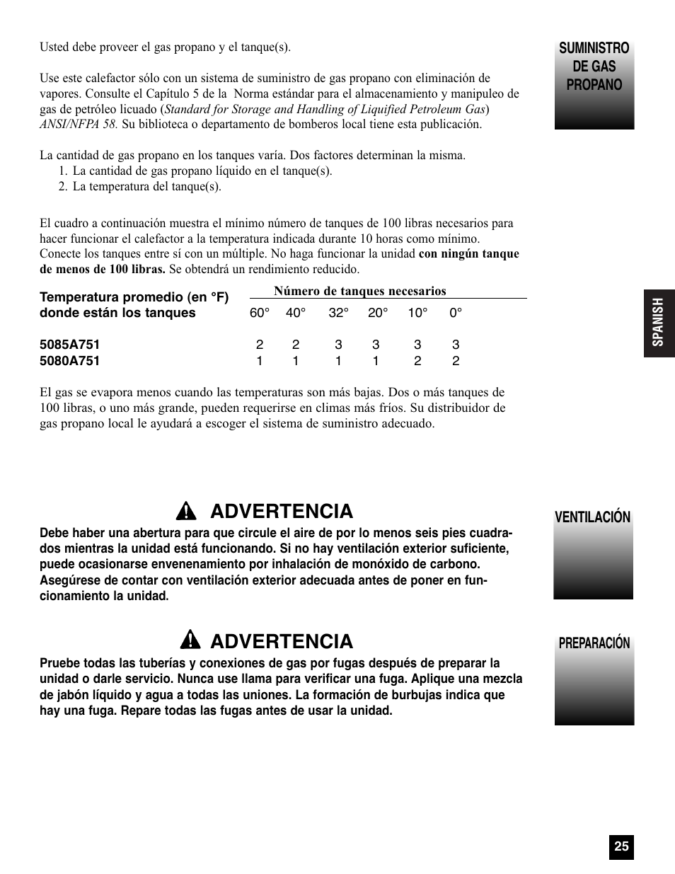 Advertencia | Coleman 5080A751 User Manual | Page 25 / 32