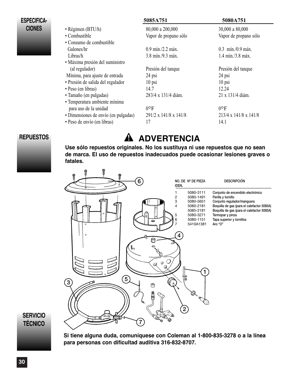Advertencia, Repuestos servicio técnico especifica- ciones | Coleman 5080A751 User Manual | Page 30 / 32